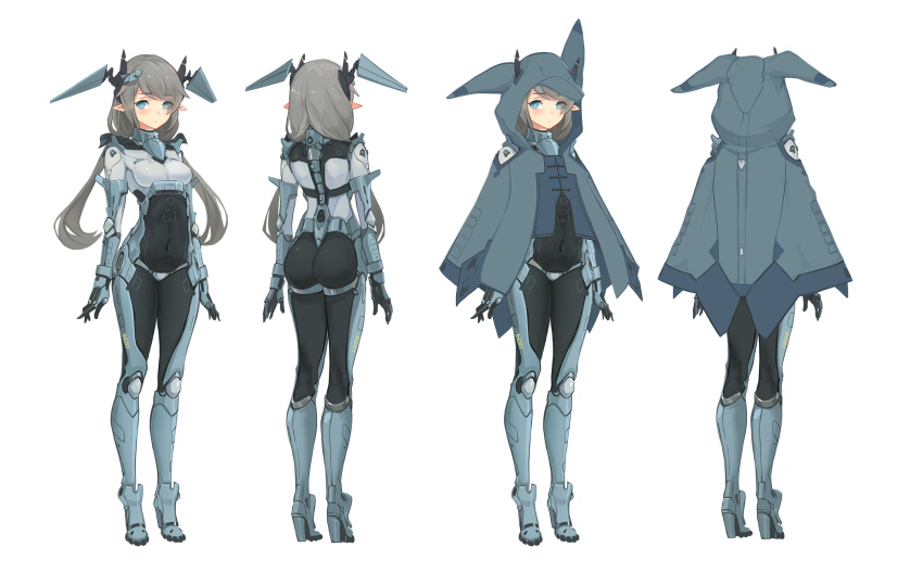 ass black_bodysuit blue_eyes bodysuit boots breasts character_sheet chinese_commentary commentary_request covered_navel grey_bodysuit high_heel_boots high_heels highres j-10b legs looking_at_viewer mecha_musume medium_breasts multiple_views original panties personification pointy_ears short_twintails silver_hair sima_naoteng thigh_boots thighhighs twintails underwear