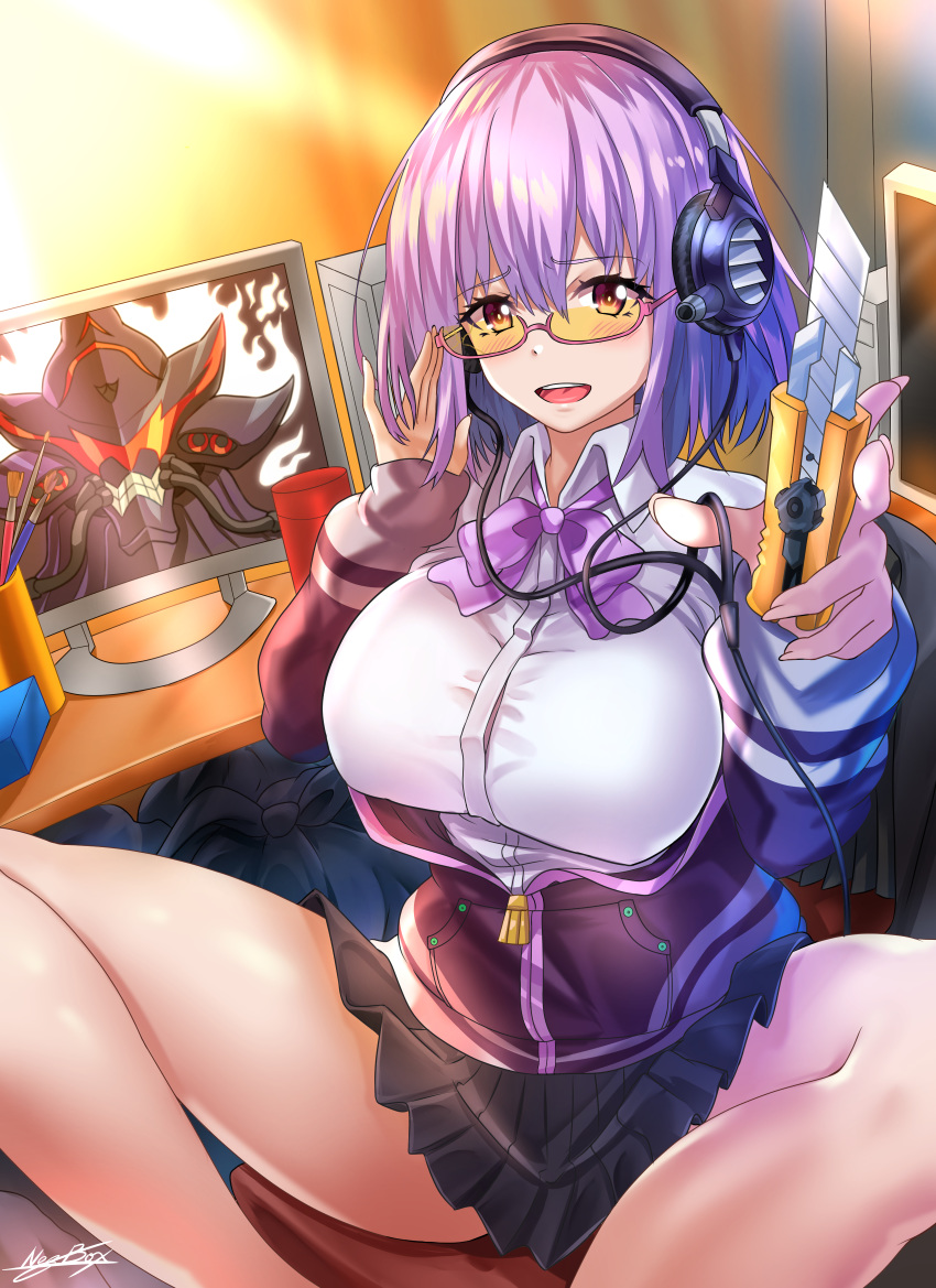 :d absurdres adjusting_eyewear alexis_(ssss.gridman) bare_legs black_skirt bow boxcutter breasts chair collared_shirt dress_shirt eyebrows_visible_through_hair glasses headphones highres indoors jacket large_breasts lavender_hair long_sleeves looking_at_viewer miniskirt monitor nez-kun off_shoulder office_chair open_mouth pink-framed_eyewear pleated_skirt purple_bow purple_jacket purple_neckwear semi-rimless_eyewear shinjou_akane shirt skirt sleeves_past_wrists smile spread_legs ssss.gridman thighs under-rim_eyewear white_shirt zipper_pull_tab