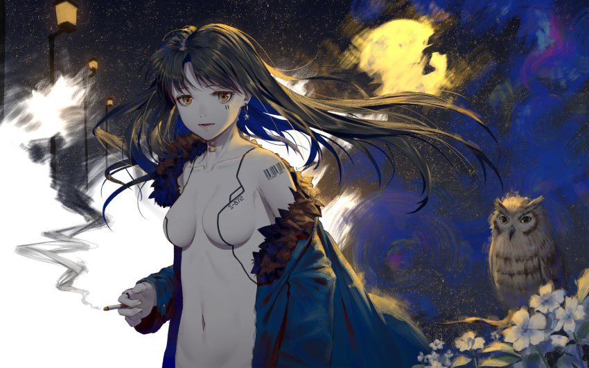 animal bird black_hair breasts cigarette flowers hoodie ji_dao_ji long_hair moon navel night orange_eyes original owl robot sky smoking stars tattoo techgirl