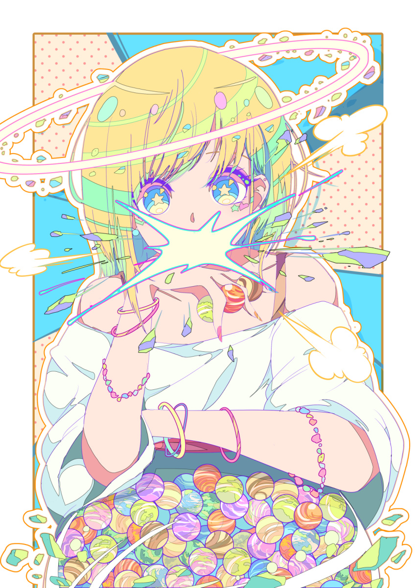 berryverrine blonde_hair blue_eyes bracelet candy chewing_gum earrings food gumball heart highres holding jewelry long_sleeves looking_at_viewer medium_hair multicolored multicolored_eyes off-shoulder_shirt off_shoulder original polka_dot shirt solo star star-shaped_pupils symbol-shaped_pupils upper_body white_shirt yellow_eyes