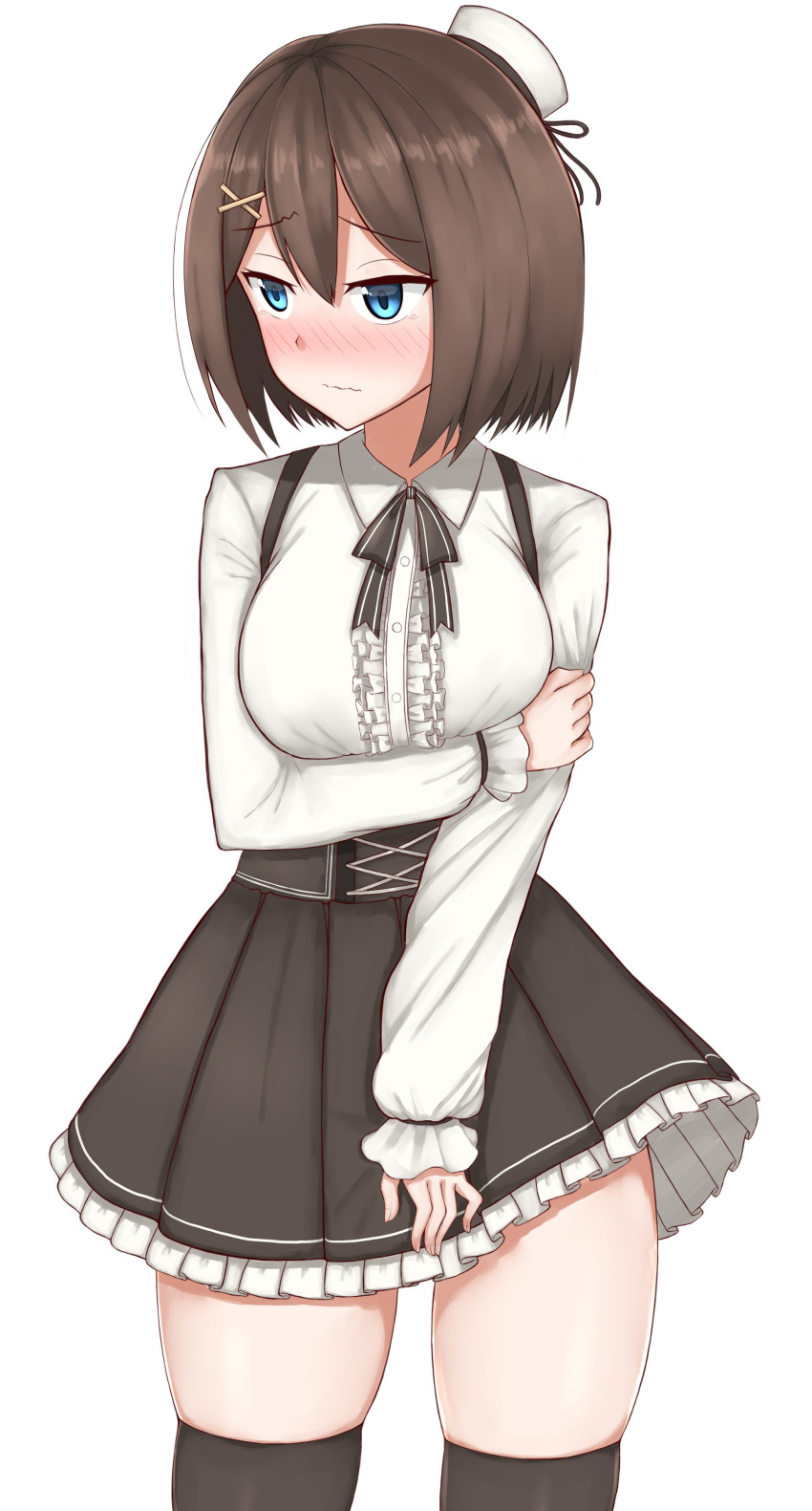 absurdres black_legwear blue_eyes brown_hair commentary_request dress embarrassed frilled_dress frills hair_ornament hairclip hat highres kantai_collection looking_to_the_side maya_(kantai_collection) meme_attire short_hair simple_background solo standing thighhighs tiemu_(man190) virgin_killer_outfit white_background white_hat x_hair_ornament