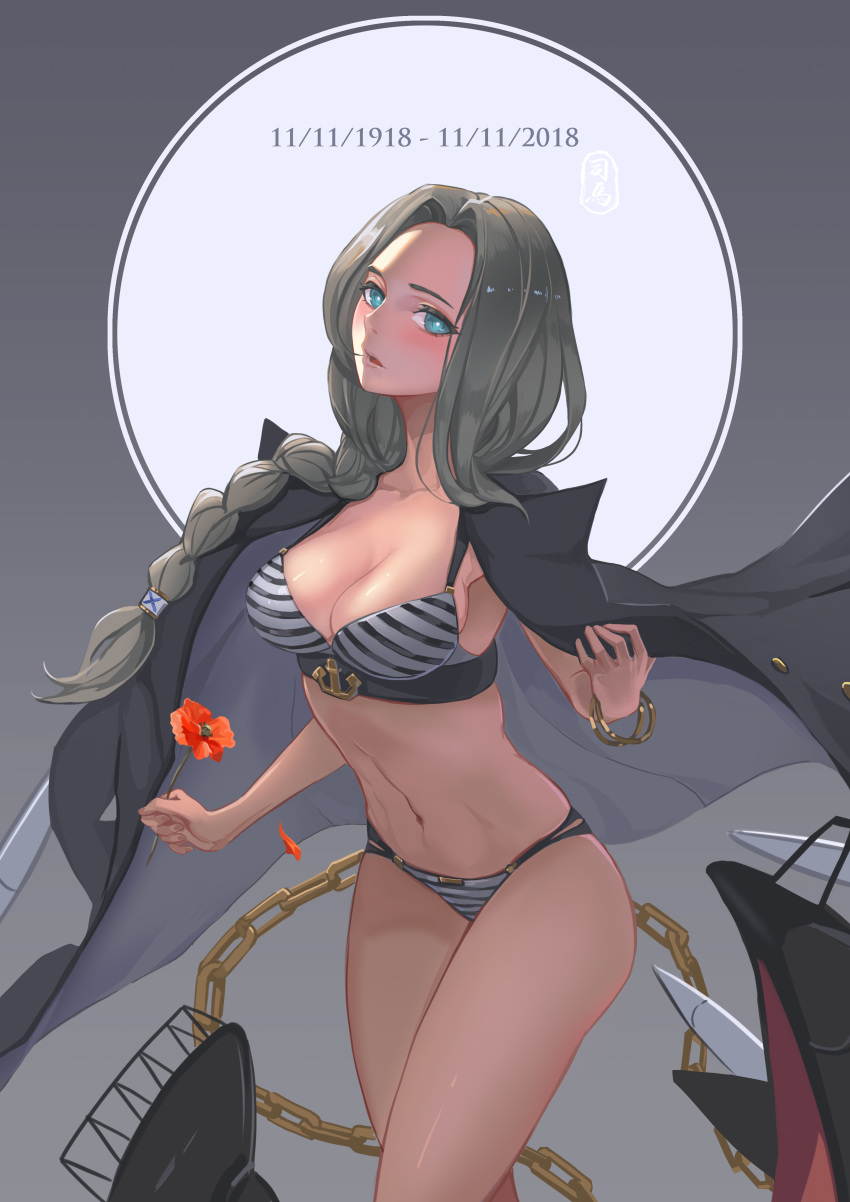absurdres anchor bikini blue_eyes cape chain cowboy_shot flower highres holding holding_flower jacket_on_shoulders legs looking_at_viewer pacific panther_(pacific) parted_lips plait poppy_(flower) rigging signature sima_naoteng swimsuit