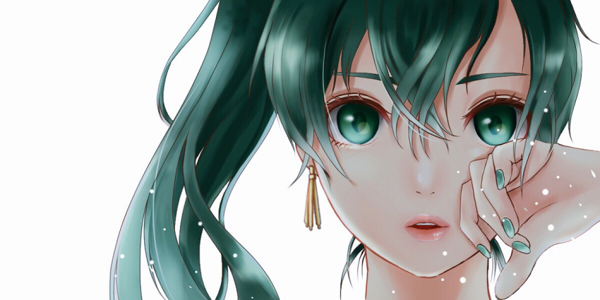close-up earrings face fire_emblem fire_emblem:_rekka_no_ken green_eyes green_hair green_nails hand_on_own_face jewelry lips long_hair lyndis_(fire_emblem) nail_polish nuts0415 open_mouth ponytail simple_background solo white_background
