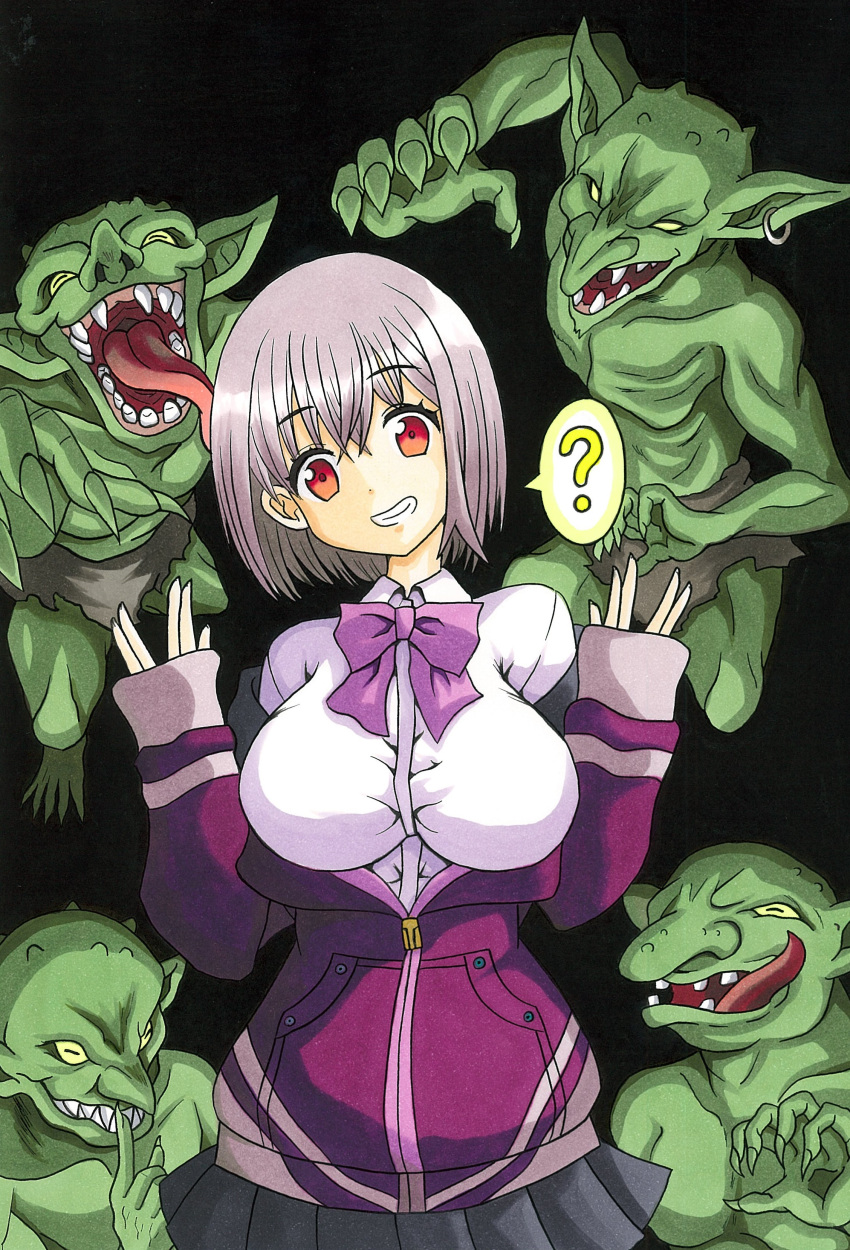 4boys ? absurdres artist_request bow bowtie breasts clueless commentary_request finger_to_mouth goblin goblin_slayer! green_skin highres hood hoodie jumping large_breasts licking_lips looking_at_viewer monster multiple_boys open_mouth pointy_ears purple_hair red_eyes school_uniform season_connection shinjou_akane short_hair shushing skirt smile spoken_question_mark ssss.gridman thought_bubble tongue tongue_out you_gonna_get_raped