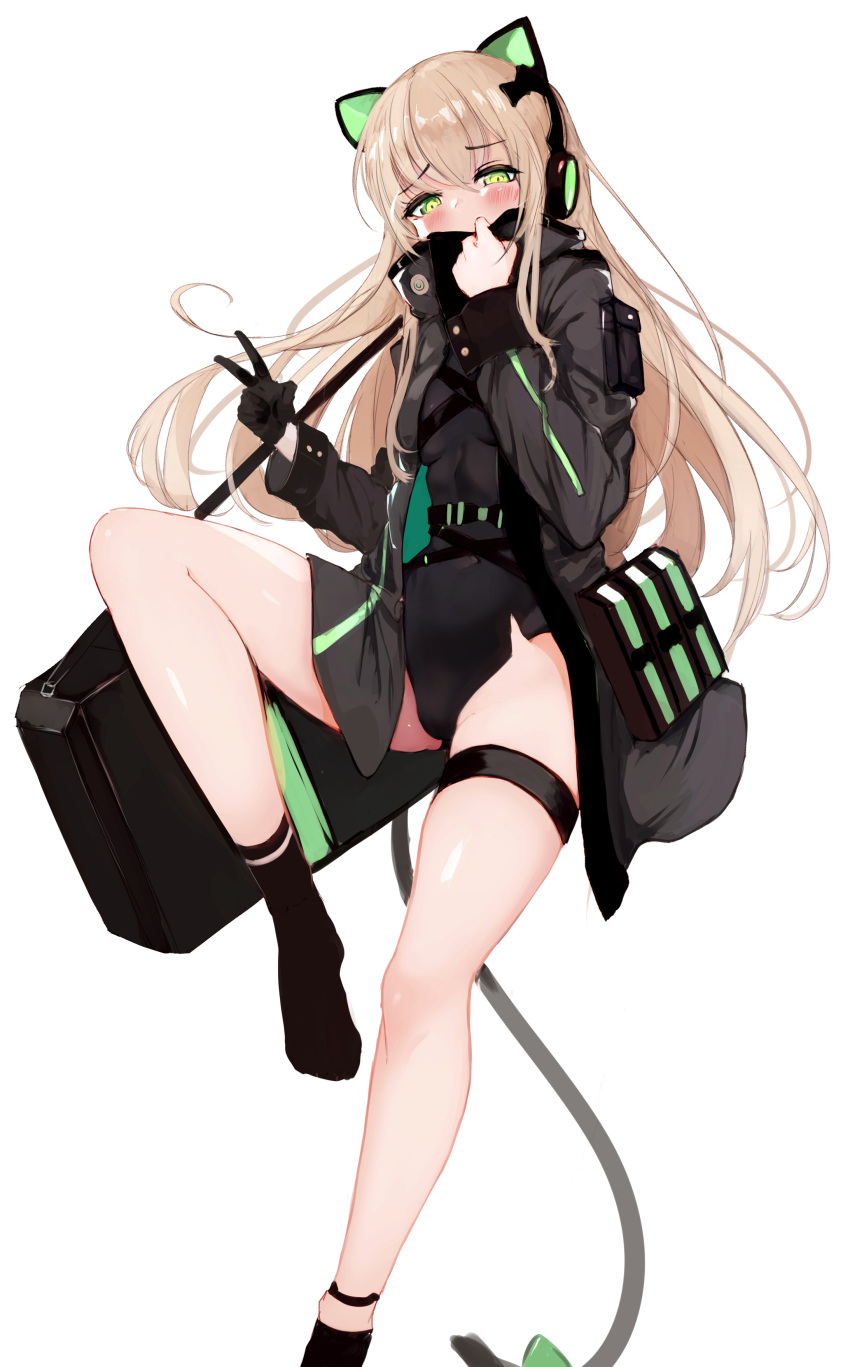 absurdres animal_ears bangs black_coat black_legwear blonde_hair blush bow breasts cat_ear_headphones cat_ears cat_tail coat commentary covering_mouth eyebrows_visible_through_hair girls_frontline gloves green_eyes hair_between_eyes hand_up headphones highres homo_1121 knee_up leotard long_hair looking_at_viewer open_clothes open_coat sidelocks simple_background sitting socks solo tail thigh_strap tmp_(girls_frontline) v very_long_hair weapon_case white_background