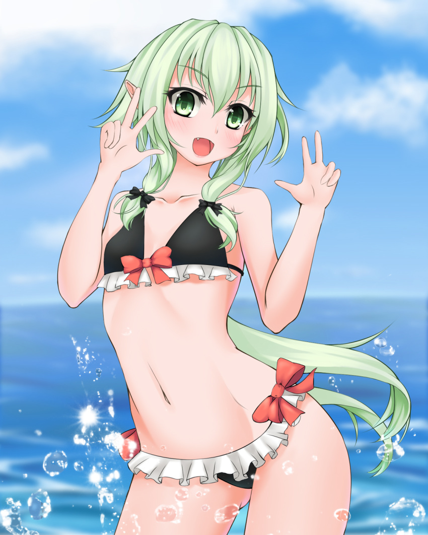 :d beach bikini black_bikini black_bow blush bow breasts bubble chachabuu collarbone commentary_request cowboy_shot elf fang frilled_bikini frills goblin_slayer! green_eyes green_hair hair_bow high_elf_archer_(goblin_slayer!) highres long_hair looking_at_viewer low_ponytail navel ocean open_mouth pointy_ears red_bow sidelocks small_breasts smile solo swimsuit v water