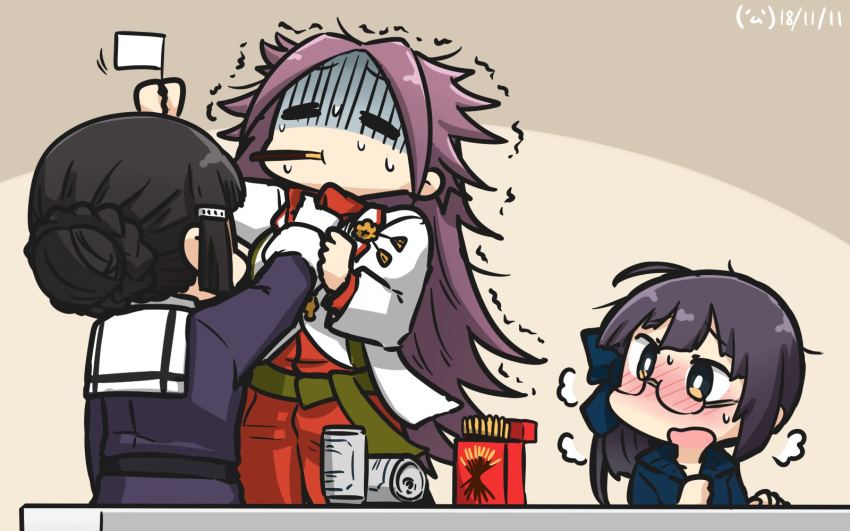 alternate_costume beer_can black_hair blush brown_eyes can commentary_request dated dress_shirt drunk flag food food_in_mouth fujinami_(kantai_collection) gloves hamu_koutarou highres holding holding_flag jacket jun'you_(kantai_collection) kantai_collection long_hair long_sleeves military military_uniform multiple_girls myoukou_(kantai_collection) open_mouth pocky pocky_day purple_hair purple_jacket red_shirt shirt short_hair side_ponytail spiked_hair uniform white_flag white_gloves