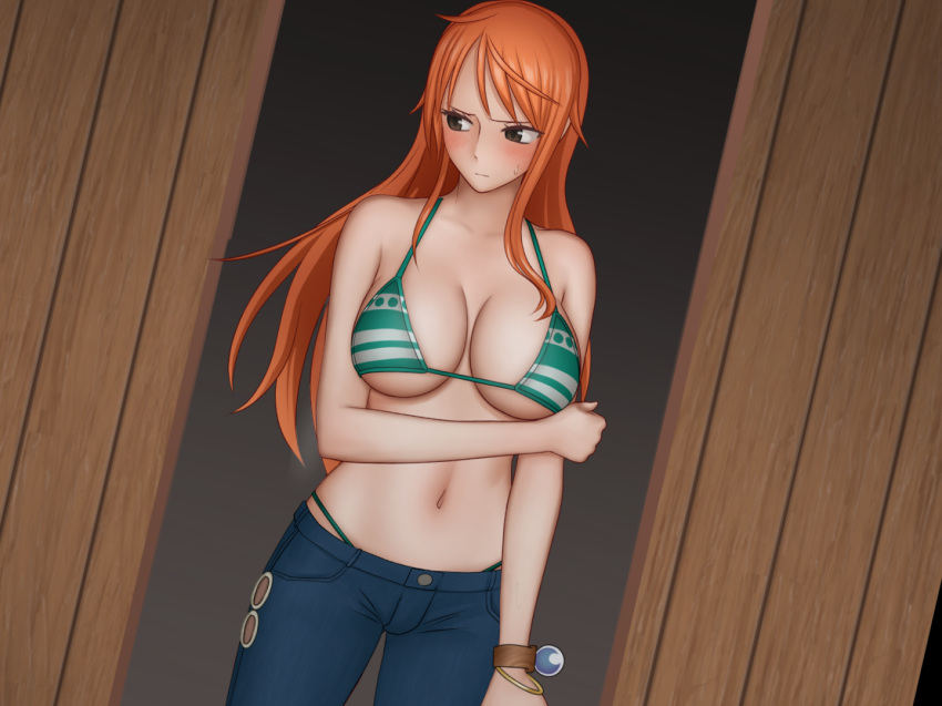 1girl bare_arms bare_shoulders bikini bikini_top blush bracelet breasts breasts_apart brown_eyes cleavage closed_mouth cowboy_shot denim embarrassed groin highres indoors jeans jewelry large_breasts legs legs_apart long_hair looking_down nami_(one_piece) navel one_piece orange_hair pants ponte solo standing sweatdrop swimsuit thighs