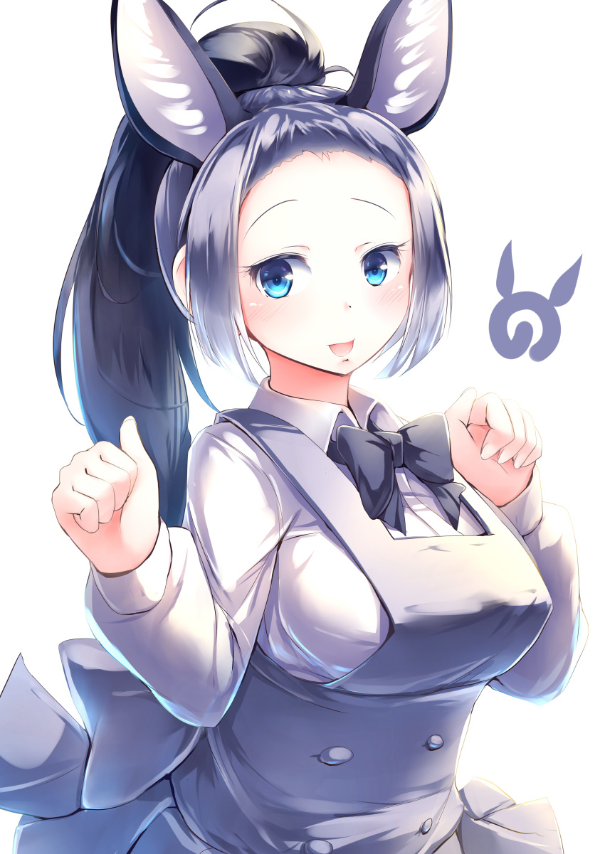 :d absurdres black_hair black_neckwear blue_eyes bow bowtie commentary_request donkey_(kemono_friends) donkey_ears extra_ears forehead grey_hair hands_up highres japari_symbol kanzakietc kemono_friends long_hair long_sleeves looking_at_viewer multicolored_hair open_mouth ponytail simple_background smile solo two-tone_hair upper_body white_background
