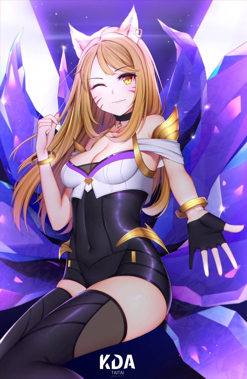 ;) absurdres ahri animal_ears bare_shoulders black_legwear blonde_hair bracelet breasts choker cleavage covered_navel crystal ear_piercing fingerless_gloves fox_ears fox_girl fox_tail gloves heart heart_choker highres idol jewelry k/da_(league_of_legends) k/da_ahri league_of_legends long_hair looking_at_viewer off_shoulder one_eye_closed outstretched_arm piercing reaching_out smile solo tail taitai thighhighs whisker_markings