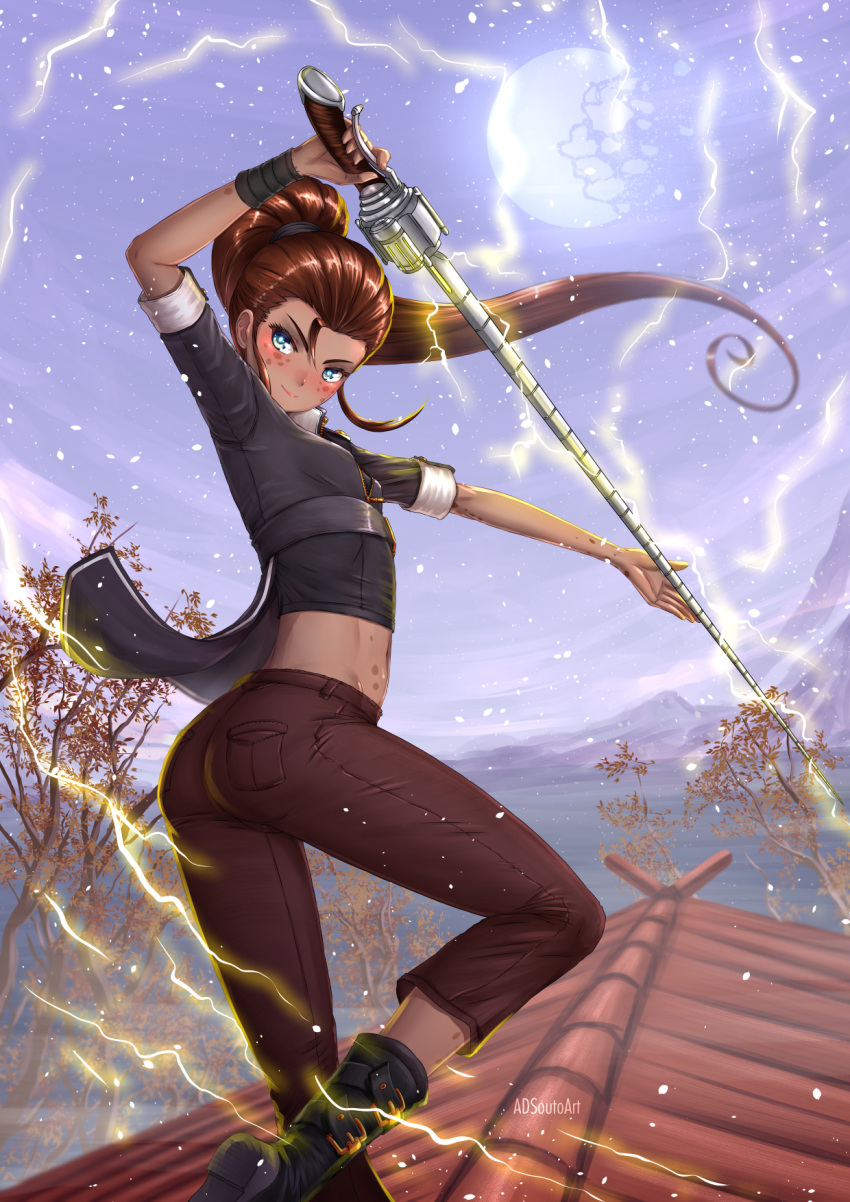 adsouto artist_name ass black_gloves blue_eyes blush boots breasts broken_moon brown_hair casual closed_mouth day electricity from_behind gloves highres ilia_amitola long_hair looking_at_viewer looking_back midriff moon pants ponytail rooftop rwby short_sleeves small_breasts smile solo spots sword tree weapon