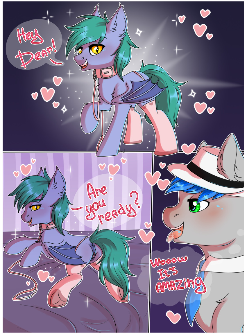 &lt;3 2018 animal_genitalia animal_penis anus bat_pony bat_wings bed bedroom_eyes blue_fur blue_mane butt clothed clothing colored comic detailed_background dialogue digital_media_(artwork) dinoalpaka english_text equine equine_penis fan_character fangs female fur green_eyes green_mane grey_fur hair half-closed_eyes hat hi_res horse human_focus inner_ear_fluff leash legwear looking_back lying male mammal markings membranous_wings my_little_pony naughty_face necktie partially_clothed penis presenting presenting_anus presenting_hindquarters presenting_pussy pussy rear_view romantic_couple seductive smile spread_legs spreading stockings teeth text tongue tongue_out toony wings yellow_eyes