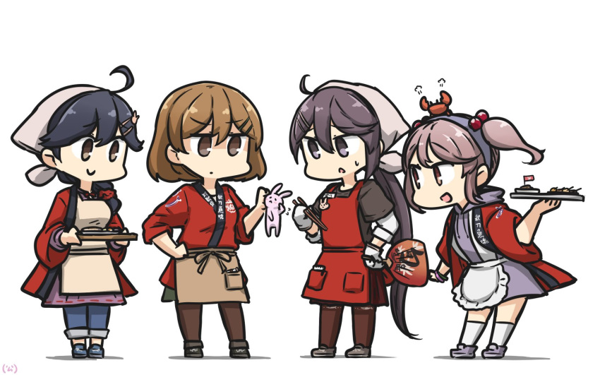 :d ahoge akebono_(kantai_collection) alternate_costume animal black_hair brown_eyes brown_legwear bunny chopsticks commentary crab gloves hair_between_eyes hair_bobbles hair_ornament hairclip hamu_koutarou happi highres holding holding_chopsticks holding_tray japanese_clothes kantai_collection kneehighs light_brown_hair long_hair long_sleeves multiple_girls oboro_(kantai_collection) open_mouth pantyhose pink_eyes pink_hair purple_eyes purple_hair sazanami_(kantai_collection) short_hair short_sleeves side_ponytail simple_background smile standing tray twintails ushio_(kantai_collection) white_background white_gloves white_legwear