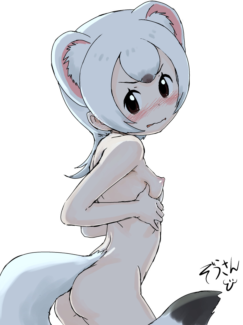 absurdres animal_ear_fluff ass blush breasts brown_eyes commentary_request embarrassed extra_ears from_behind grabbing_own_breast highres kemono_friends masuyama_ryou multicolored_hair nude short_hair small_breasts solo standing stoat_(kemono_friends) stoat_ears stoat_tail tearing_up wavy_mouth white_background white_hair