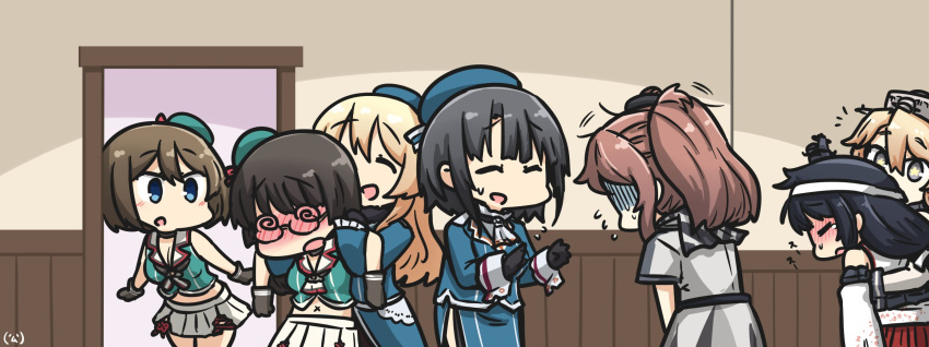 @_@ ^_^ ^o^ aqua_hat atago_(kantai_collection) bare_shoulders beret black_gloves black_hair blonde_hair blue_eyes blue_hat blush brown_eyes choukai_(kantai_collection) closed_eyes commentary_request detached_sleeves dress drunk eyebrows_visible_through_hair fusou_(kantai_collection) glasses gloves grey_eyes hair_between_eyes hair_ornament hamu_koutarou hat highres iowa_(kantai_collection) kantai_collection long_hair long_sleeves maya_(kantai_collection) military military_uniform multiple_girls navel nontraditional_miko open_mouth pleated_skirt remodel_(kantai_collection) rimless_eyewear saratoga_(kantai_collection) short_hair skirt sleeveless smile star star-shaped_pupils symbol-shaped_pupils takao_(kantai_collection) uniform white_dress white_skirt