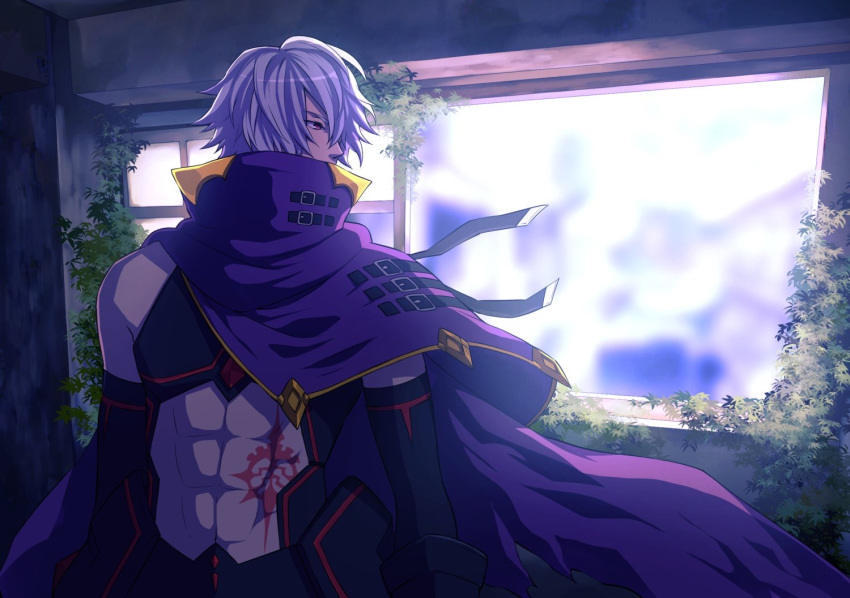 abs black_gloves brown_eyes cape clutch2130 covered_mouth elbow_gloves gloves indoors male_focus midriff original overgrown purple_cape standing tattoo white_hair window
