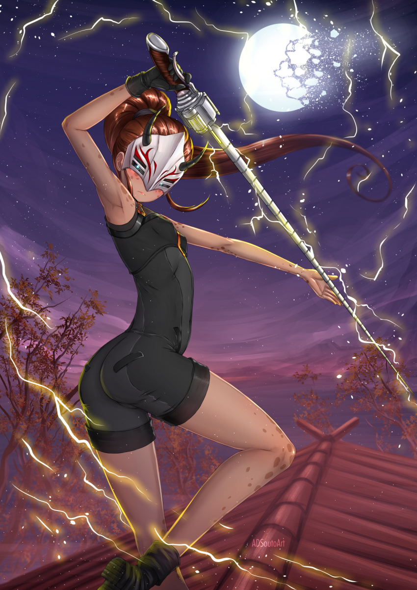 adsouto artist_name ass black_gloves bodysuit breasts broken_moon brown_hair building closed_mouth commentary electricity english_commentary from_behind gloves highres horns ilia_amitola long_hair looking_at_viewer looking_back mask moon night ponytail rwby single_glove sleeveless small_breasts solo spots sword tree weapon