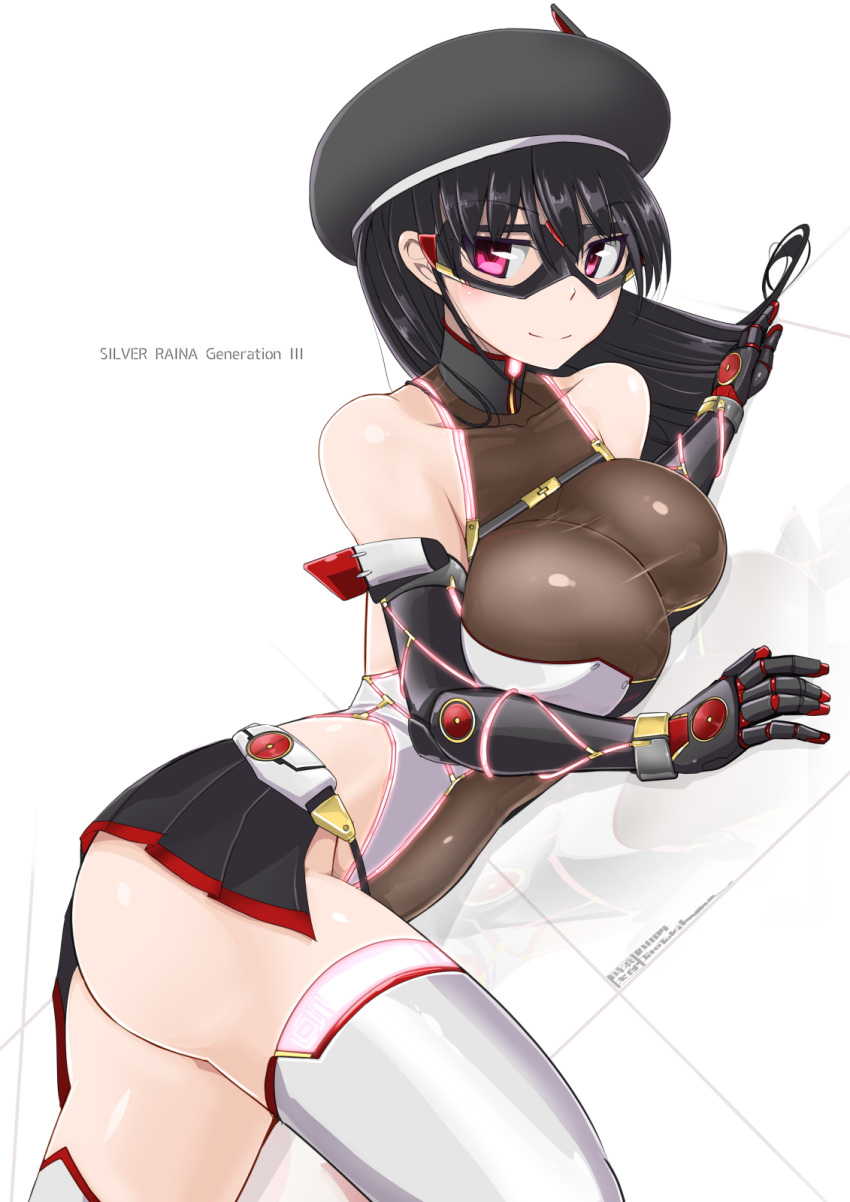 artist_name ass bare_shoulders beret black_hair black_hat bodysuit breasts commentary cyborg elbow_gloves gloves hat highres kagaku_touki_silver_raina large_breasts long_hair looking_at_viewer purple_eyes simple_background skin_tight solo thighhighs tokihama_jirou white_background white_legwear