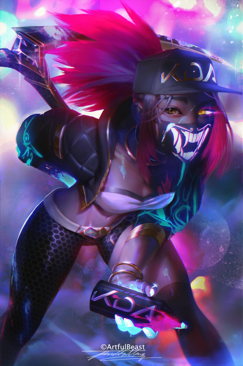absurdres akali arm_behind_back asymmetrical_clothes baseball_cap belt belt_buckle bent_over breasts buckle cleavage commentary covered_mouth cropped_jacket downblouse face_mask glowing glowing_eye hat heterochromia highres holding holding_weapon huge_weapon idol jacket k/da_(league_of_legends) k/da_akali kama_(weapon) league_of_legends long_hair looking_at_viewer mask medium_breasts midriff open_clothes open_jacket over-kneehighs paul_nong pink_hair ponytail sickle single_pantsleg single_thighhigh solo spray_can thighhighs weapon yellow_eyes