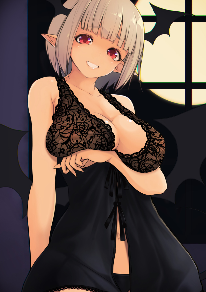 1girl absurdres bad_revision bangs black_panties blunt_bangs breast_hold breasts chemise cleavage commentary_request downscaled_revision full_moon grin head_wings highres indoors large_breasts looking_at_viewer low_wings md5_mismatch moon navel original panties pointy_ears red_eyes short_hair silver_hair smile solo underwear underwear_only wings