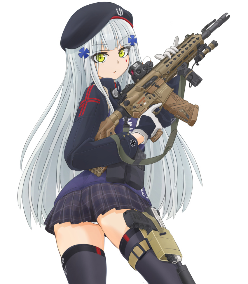 ammunition_belt assault_rifle bangs beret black_hat black_jacket black_skirt blue_eyes blunt_bangs closed_mouth clothes_writing commentary_request emblem eyebrows_visible_through_hair facial_mark from_side frown girls_frontline gloves gun hair_ornament handgun hat heckler_&amp;_koch highres hk416 hk416_(girls_frontline) holding holster ichigotofu iron_cross jacket long_sleeves looking_at_viewer looking_back miniskirt panties pantyshot pantyshot_(standing) parted_lips plaid plaid_skirt pleated_skirt print_legwear rifle short_hair silver_hair simple_background skindentation skirt solo standing teardrop thigh_holster thighhighs thighs trigger_discipline underwear weapon white_background white_gloves white_panties