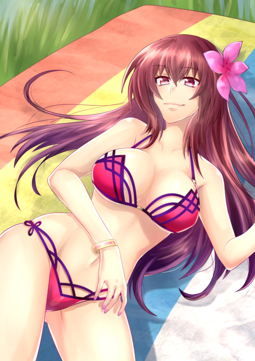 absurdres bikini blanket bracelet breasts cleavage collarbone commentary_request eyebrows_visible_through_hair fate/grand_order fate_(series) flower grass hair_flower hair_intakes hair_ornament hibiscus highres jewelry large_breasts leg_garter looking_at_viewer lying navel purple_bikini purple_hair red_eyes scathach_(fate)_(all) scathach_(swimsuit_assassin)_(fate) smile swimsuit weaponman