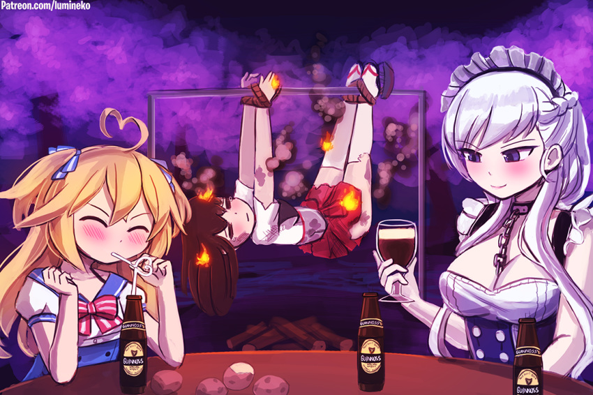 =_= ahoge akagi_(kantai_collection) artist_name azur_lane beer_bottle belfast_(azur_lane) blonde_hair blush bound bound_ankles bound_wrists braid brand_name_imitation breasts broken broken_chain brown_hair burning burnt_clothes chain cleavage collar commentary crossover cup drinking_glass eyebrows_visible_through_hair fire french_braid guinness_(beer) hair_ribbon heart_ahoge holding holding_cup kantai_collection large_breasts log long_hair lumineko maid maid_headdress multiple_crossover multiple_girls muneate no_gloves o'bannon_(zhan_jian_shao_nyu) potato purple_eyes ribbon roasting short_sleeves smoke straw tears thighhighs torn_clothes trait_connection two_side_up white_hair white_legwear wine_glass you're_doing_it_wrong zhan_jian_shao_nyu