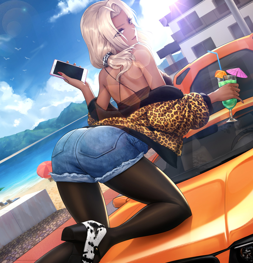arched_back ass bad_anatomy bare_shoulders beach bird black_legwear blonde_hair car cellphone cloud convertible dark_skin day eyebrows_visible_through_hair eyes_visible_through_hair flying from_behind ganguro glass ground_vehicle hair_over_one_eye highres long_hair looking_at_viewer looking_back motor_vehicle mountain nail_polish obaoba_(monkeyix) off_shoulder on_vehicle original pantyhose phone red_nails scrunchie shorts shoulder_blades smartphone summer sun tan yellow_eyes