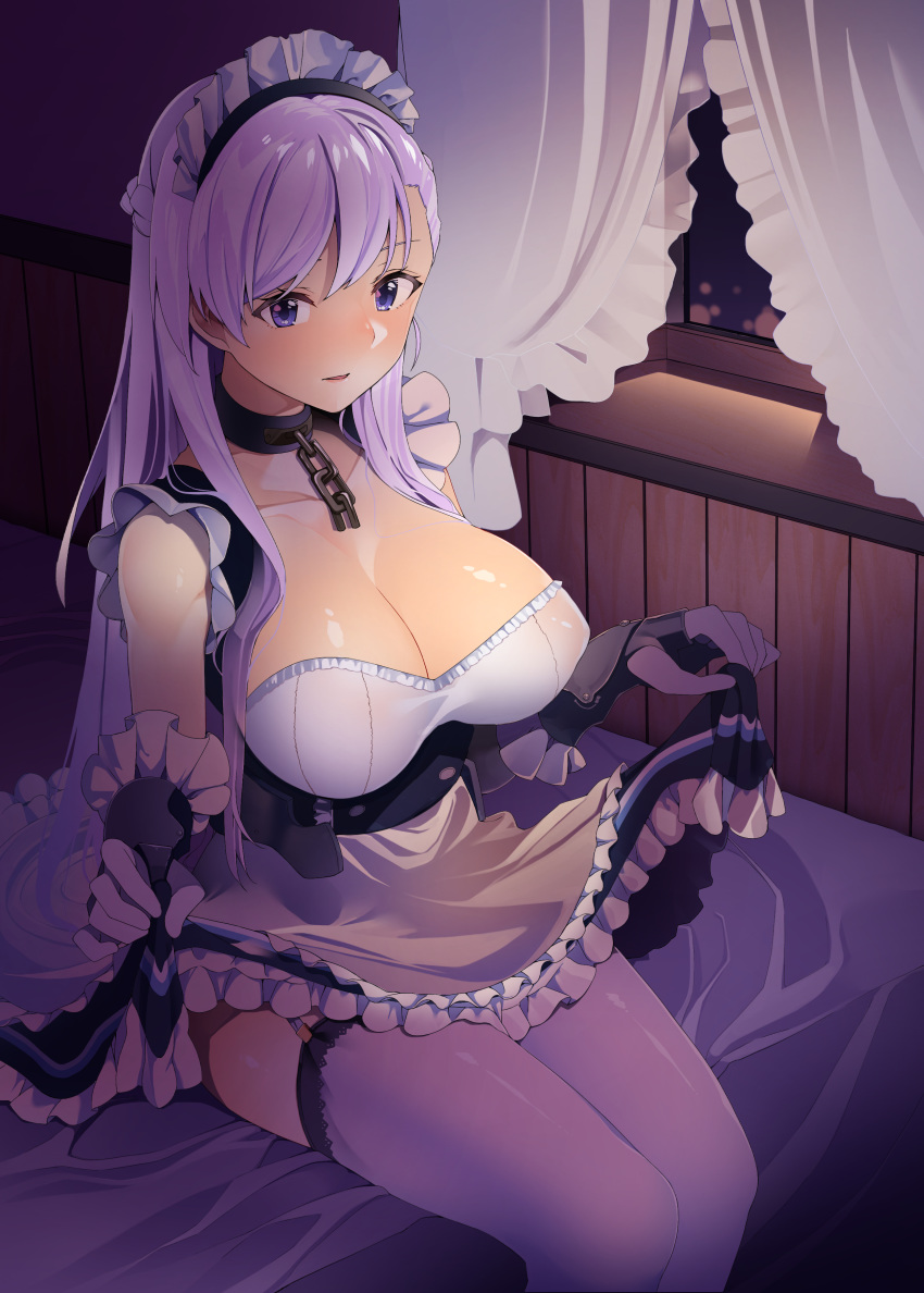 absurdres apron azur_lane bangs bare_shoulders bed bed_sheet belfast_(azur_lane) black_dress blue_eyes braid breasts broken broken_chain byte_(allbyte) chain cleavage collar collarbone corset curtains dress elbow_gloves eyebrows_visible_through_hair fanbox_reward french_braid frilled_apron frilled_gloves frills garter_straps gloves hair_between_eyes highres indoors large_breasts lifted_by_self long_hair looking_at_viewer maid maid_apron maid_headdress night on_bed open_mouth paid_reward silver_hair sitting sitting_on_bed skirt skirt_hold skirt_lift sleeveless sleeveless_dress smile solo thighhighs very_long_hair waist_apron white_apron white_gloves white_legwear window
