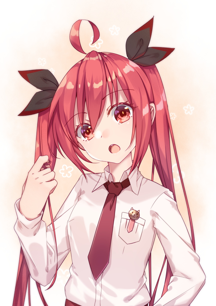 :o collared_shirt commentary_request date_a_live hair_between_eyes hair_ribbon highres itsuka_kotori long_hair long_sleeves mo_(pixiv9929995) necktie red_eyes red_hair red_neckwear ribbon shirt solo twintails upper_body upper_teeth very_long_hair white_shirt