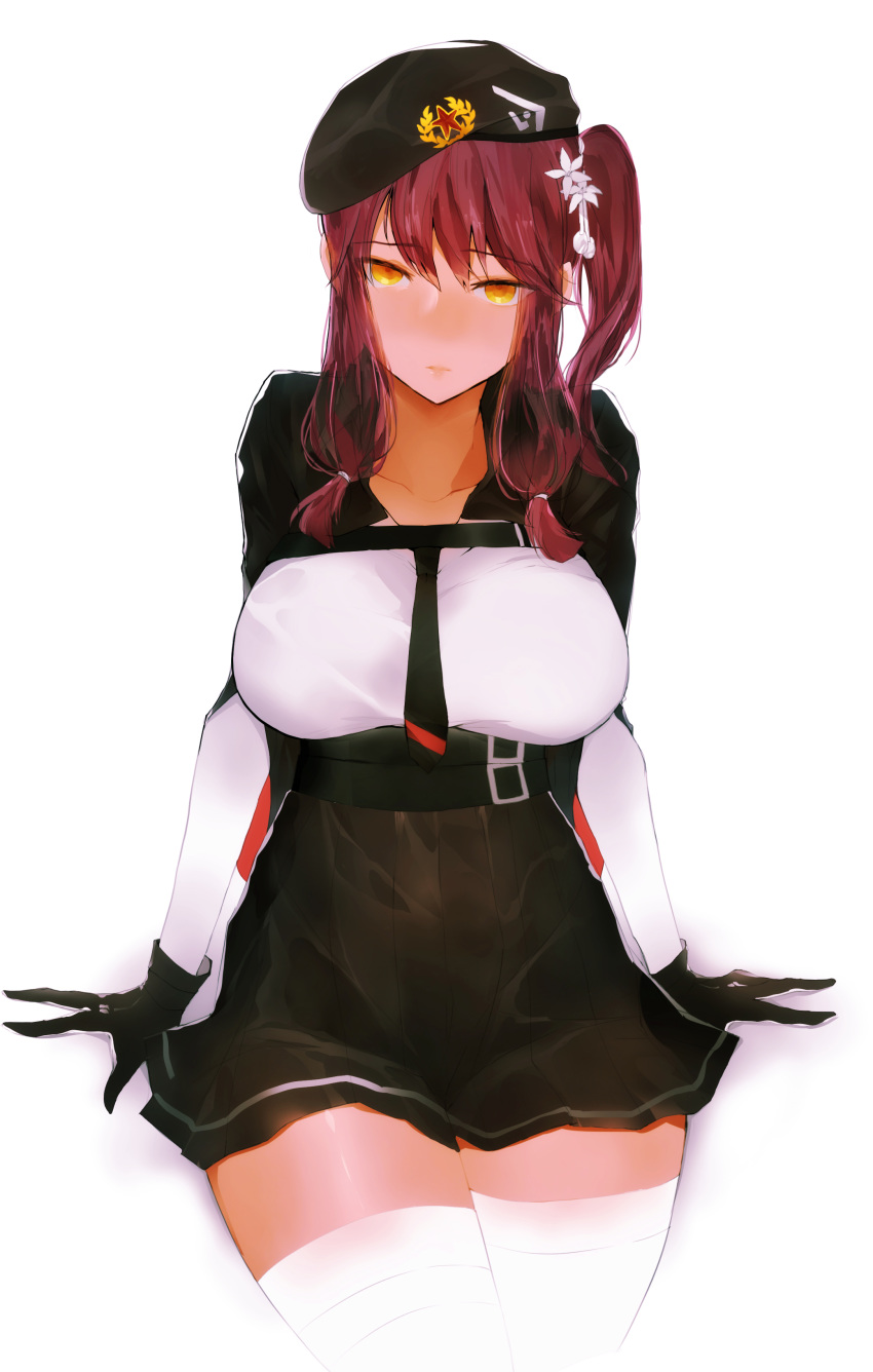 absurdres bangs belt_buckle beret blush breasts buckle commentary dark_skin eyebrows_visible_through_hair flower framed_breasts girls_frontline gloves hair_between_eyes hair_ornament hat highres large_breasts long_hair looking_at_viewer peanutc purple_hair saiga-12_(girls_frontline) sidelocks sitting skirt solo thighhighs twintails white_legwear yellow_eyes