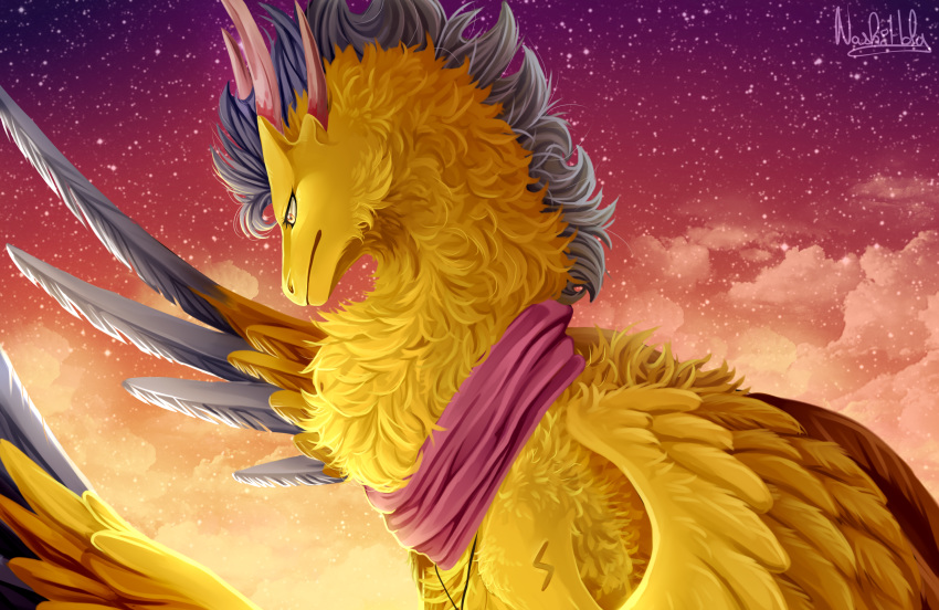 2018 digital_media_(artwork) dragon eyelashes feathered_dragon feathers fur furred_dragon grey_feathers grey_hair hair horn nashiholy yellow_eyes yellow_fur