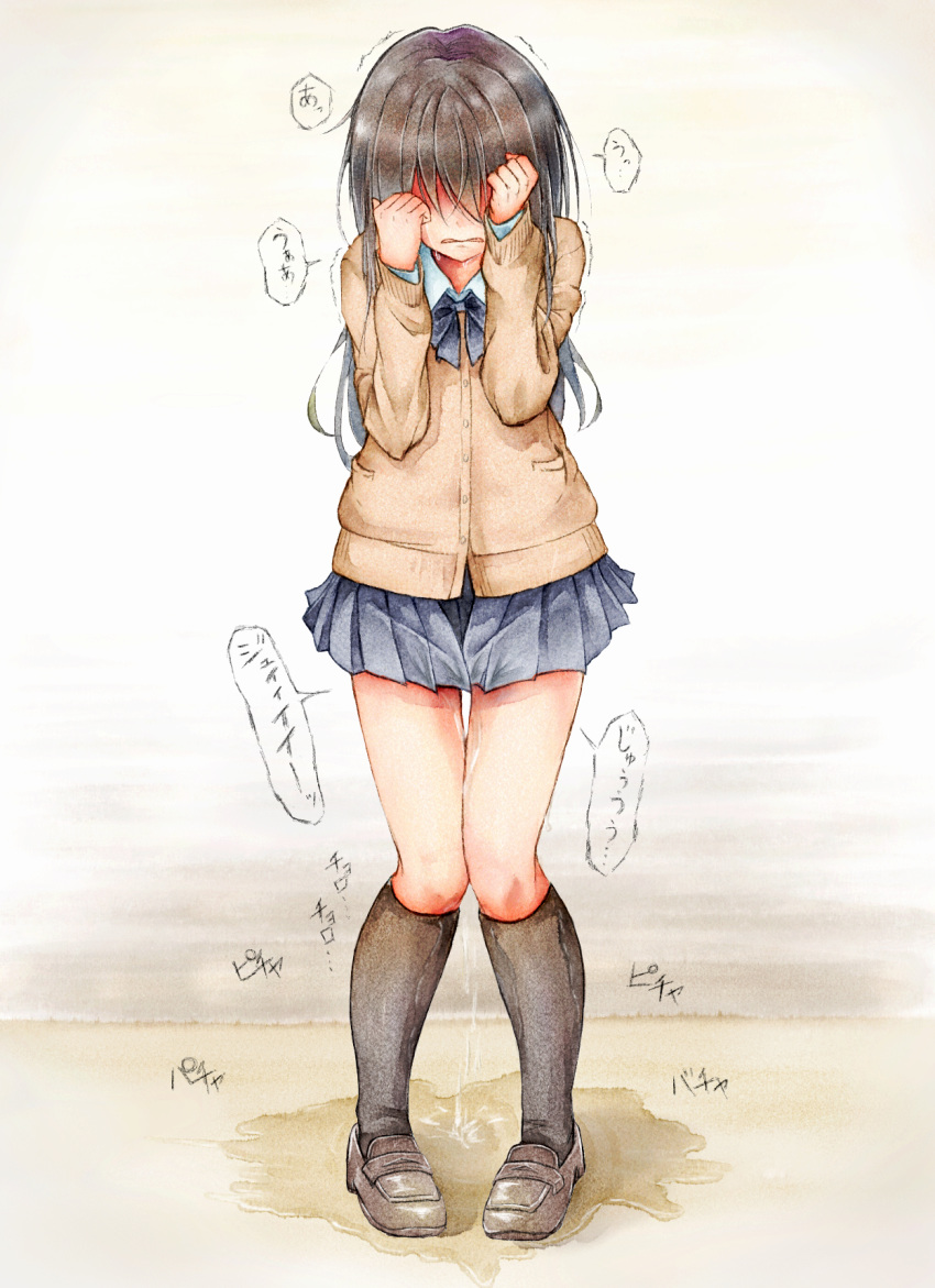 1girl bangs black_hair black_legwear blue_neckwear blue_skirt blush bow bowtie brown_footwear brown_jacket crying embarrassed faceless faceless_female female full_body hair_over_eyes hands_up highres jacket japanese_text kneehighs knees_together_feet_apart long_hair long_sleeves miniskirt nose_blush original peeing peeing_self pigeon-toed pleated_skirt puddle school_uniform shiny shiny_hair shirt shoes skirt solo speech_bubble standing tears text_focus thigh_gap translation_request trembling watakarashi wet wet_clothes white_shirt