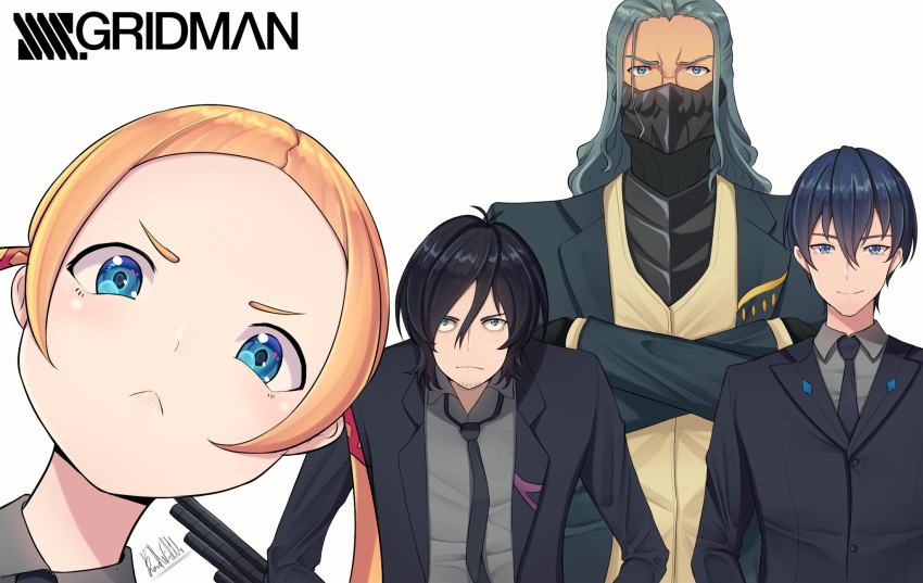:&lt; band-width bangs black_hair black_jacket blonde_hair blue_eyes blue_hair borr closed_mouth copyright_name crossed_arms formal frown grey_hair hair_between_eyes highres jacket kotori_photobomb light_smile looking_at_viewer male_focus mask max_(ssss.gridman) multiple_boys necktie samurai_calibur sheath sheathed simple_background ssss.gridman suit sword twintails v-shaped_eyebrows vit weapon white_background