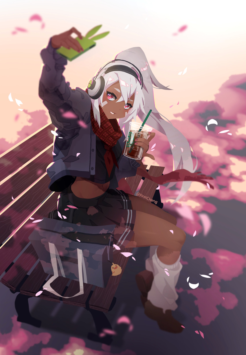 azur_lane bag bandaid bandaid_on_face bench black_skirt cellphone coffee_cup commentary crop_top cup dark_skin disposable_cup drinking_straw english_commentary finni_chang full_body hair_between_eyes headphones high_ponytail highres leg_warmers loafers long_hair midriff minneapolis_(azur_lane) nail_polish navel petals phone pink_nails pinky_out plaid plaid_scarf pleated_skirt red_eyes red_scarf scarf school_uniform self_shot serafuku shoes silver_hair sitting skirt smartphone smartphone_case solo toned