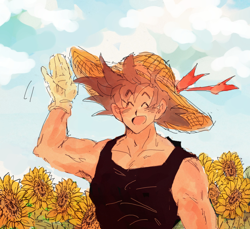 :d ^_^ arm_at_side arm_up bare_arms bare_shoulders black_hair black_shirt blue_sky closed_eyes cloud cloudy_sky day dqn_(rattamgmg) dragon_ball dragon_ball_z eyebrows_visible_through_hair flower gloves hand_up happy hat male_focus open_mouth outdoors red_ribbon ribbon shirt short_hair single_glove sky sleeveless sleeveless_shirt smile son_gokuu spiked_hair standing straw_hat sunflower upper_body waving white_gloves yellow_flower