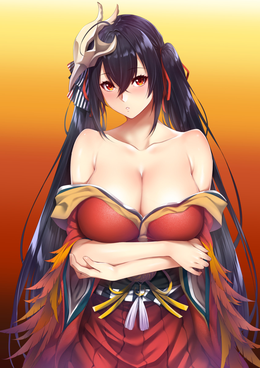 absurdres ahoge arms_under_breasts azur_lane bangs bare_shoulders black_hair blush breast_hold breasts cleavage cocktail_dress collarbone crossed_arms crossed_bangs dress eyebrows_visible_through_hair eyelashes facing_viewer fantia_reward feathers fingernails hair_between_eyes hair_ornament hair_ribbon highres japanese_clothes kimono large_breasts long_fingernails long_hair long_sleeves looking_at_viewer mask mask_on_head no_bra orange_eyes paid_reward parted_lips red_dress red_eyes red_kimono red_ribbon ribbon sash sidelocks solo standing striped striped_ribbon taihou_(azur_lane) teeth twintails upper_body very_long_hair wide_sleeves zucchini