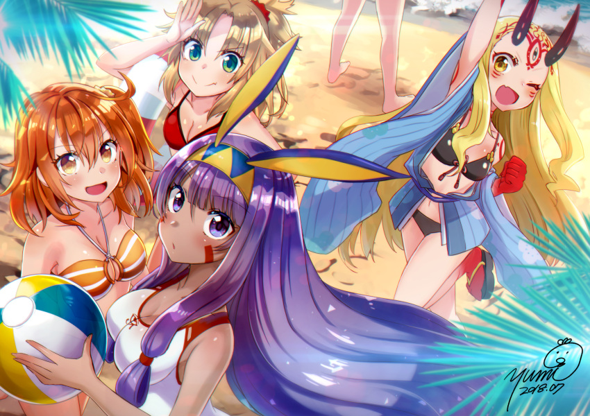 &gt;:) :d arm_up ball beach beachball bikini black_bikini blonde_hair blush breasts cleavage clenched_hand commentary_request dark_skin eye_of_horus facial_tattoo fang fate/apocrypha fate/grand_order fate_(series) flat_chest from_above fujimaru_ritsuka_(female) green_eyes hairband highres horns ibaraki_douji_(fate/grand_order) ibaraki_douji_(swimsuit_lancer)_(fate) large_breasts lifebuoy long_hair looking_at_viewer mordred_(fate)_(all) mordred_(swimsuit_rider)_(fate) multiple_girls nitocris_(fate/grand_order) nitocris_(swimsuit_assassin)_(fate) one-piece_swimsuit one_eye_closed one_side_up open_mouth orange_bikini_top orange_eyes orange_hair purple_eyes purple_hair red_bikini_top signature smile standing standing_on_one_leg swimsuit tattoo white_swimsuit yellow_eyes yumi_yumi