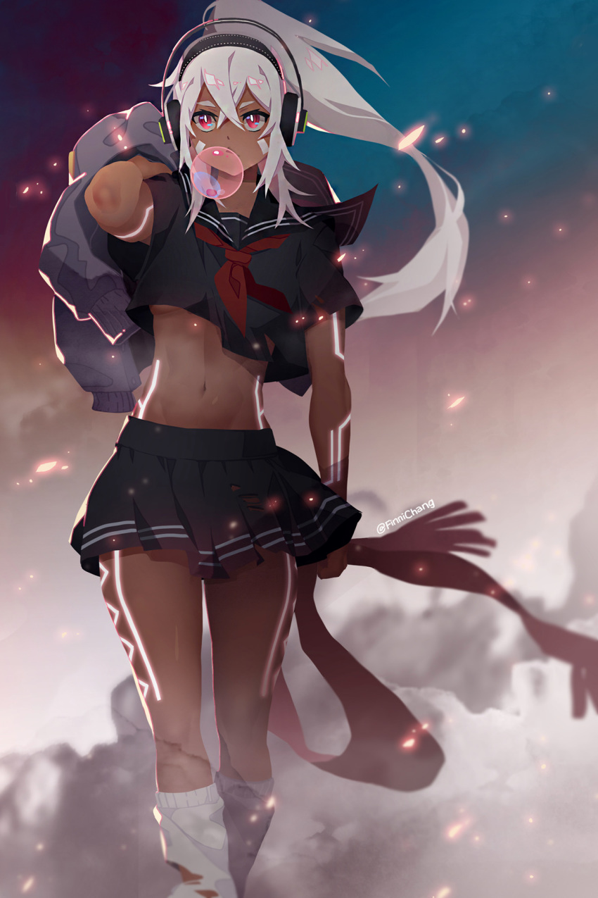 azur_lane black_skirt breasts bubble_blowing chewing_gum commentary crop_top dark_skin english_commentary finni_chang full_body_tattoo glowing_tattoo hair_between_eyes headphones high_ponytail highres jacket_over_shoulder leg_warmers long_hair minneapolis_(azur_lane) native_american navel no_bra ponytail red_eyes scarf scarf_removed school_uniform serafuku simple_background skirt small_breasts solo tattoo toned torn_clothes torn_legwear underboob walking