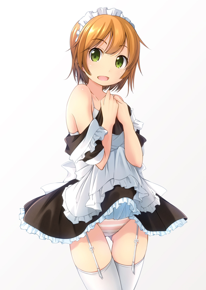 :d apron ass_visible_through_thighs bangs bare_shoulders black_dress bow bra brown_hair collarbone commentary_request cowboy_shot dress dress_lift eyebrows_visible_through_hair fang frilled_dress frills garter_straps green_eyes highres looking_at_viewer maid maid_apron maid_headdress off_shoulder open_mouth original panties shibacha short_hair sidelocks simple_background smile solo standing striped striped_panties thigh_gap thighhighs underwear white_background white_bow white_bra white_legwear white_panties
