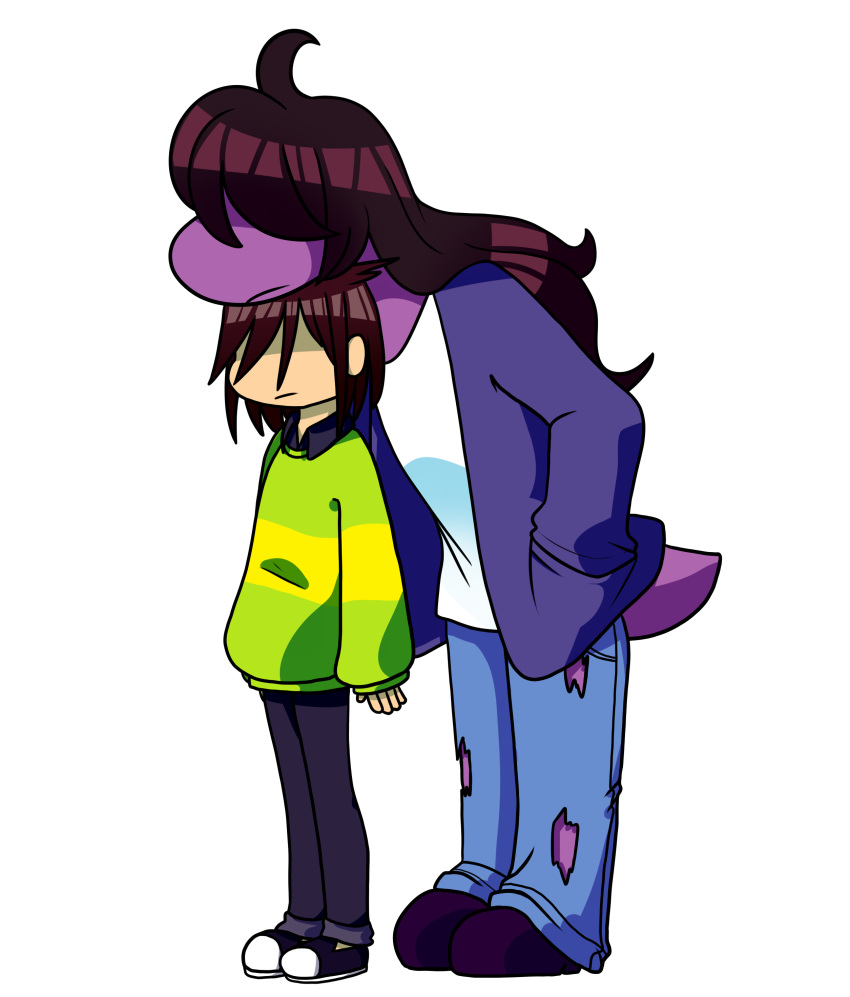 alpha_channel anthro baggy_clothing clothed clothing deltarune duo footwear hair human invalid_tag kris_(deltarune) long_hair mammal monster resting ryn_(artist) scalie slanting standing susie_(deltarune) sweater torn_clothing