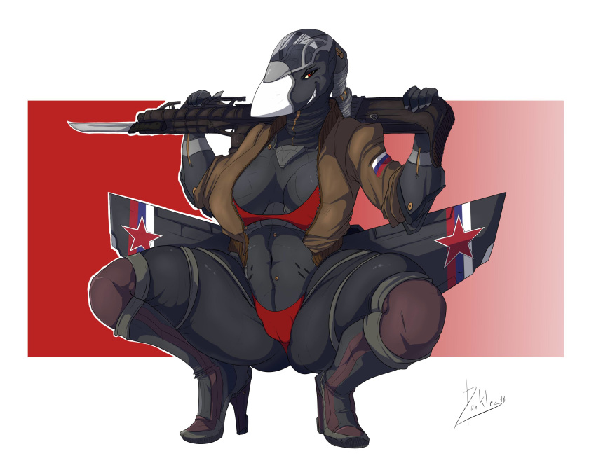 2018 aircraft bayonet bikini boots breasts camel_toe clothed clothing crouching donkles female footwear gun high_heels holding_object holding_weapon jacket knife living_aircraft living_machine looking_at_viewer machine ranged_weapon rifle russian shoes smile solo spread_legs spreading swimsuit thick_thighs underwear weapon wings