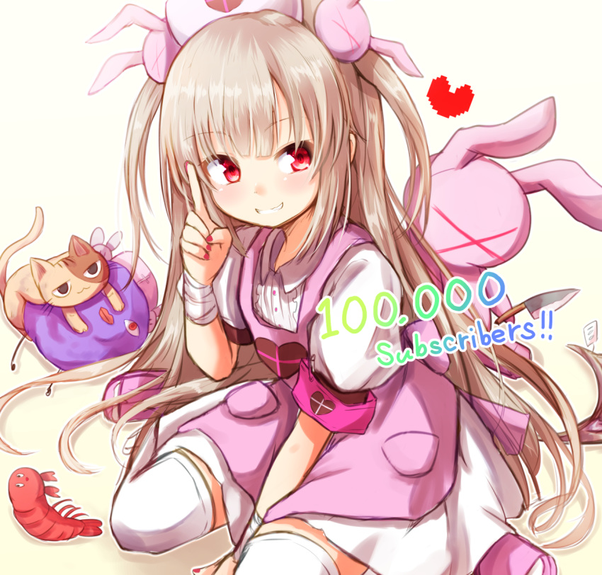 animal apron armband bandaged_arm bandages bangs baram beige_background bunny_hair_ornament cat center_frills collared_shirt commentary_request eyebrows_visible_through_hair fingernails followers frills gradient gradient_background grin hair_ornament hand_up hat head_tilt heart highres index_finger_raised knife light_brown_hair long_hair nail_polish natori_sana nurse_cap pink_apron pink_footwear pink_hat pleated_skirt puffy_short_sleeves puffy_sleeves red_eyes red_nails saana-kun safety_pin sana_channel shirt short_sleeves shrimp skirt slippers smile solo thighhighs two_side_up very_long_hair virtual_youtuber white_legwear white_shirt white_skirt