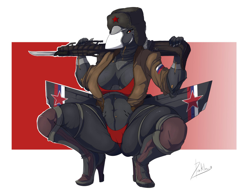 2018 aircraft bayonet bikini boots breasts camel_toe clothed clothing crouching donkles female footwear gun hat high_heels holding_object holding_weapon knife living_aircraft living_machine looking_at_viewer machine ranged_weapon rifle russian shoes smile solo spread_legs spreading swimsuit thick_thighs underwear weapon wings