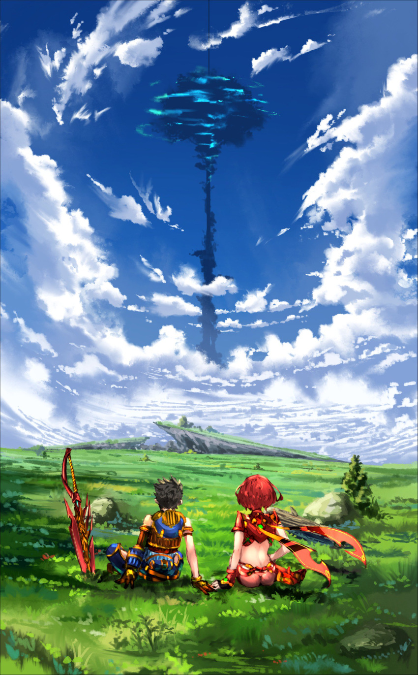 1girl absurdres arm_at_side arm_support armlet ass blue_sky brown_gloves brown_hair bush cloud commentary_request field from_behind gloves grass highres homura_(xenoblade_2) planted_sword planted_weapon poteto_(potetosarada123) red_hair rex_(xenoblade_2) rock scenery short_hair sitting sky sword touching tree weapon xenoblade_(series) xenoblade_2