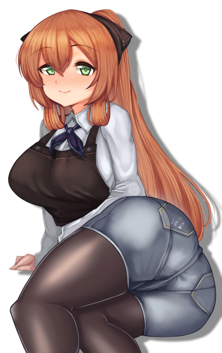 1girl alternate_costume artist_request ass blush bow breasts brown_hair cameltoe denim denim_shorts girls_frontline green_eyes hair_bow hips huge_ass large_breasts long_hair long_sleeves looking_at_viewer lying m1903_springfield_(girls_frontline) on_side pantyhose shiny shiny_hair short_shorts shorts smile solo thick_thighs thighs wide_hips