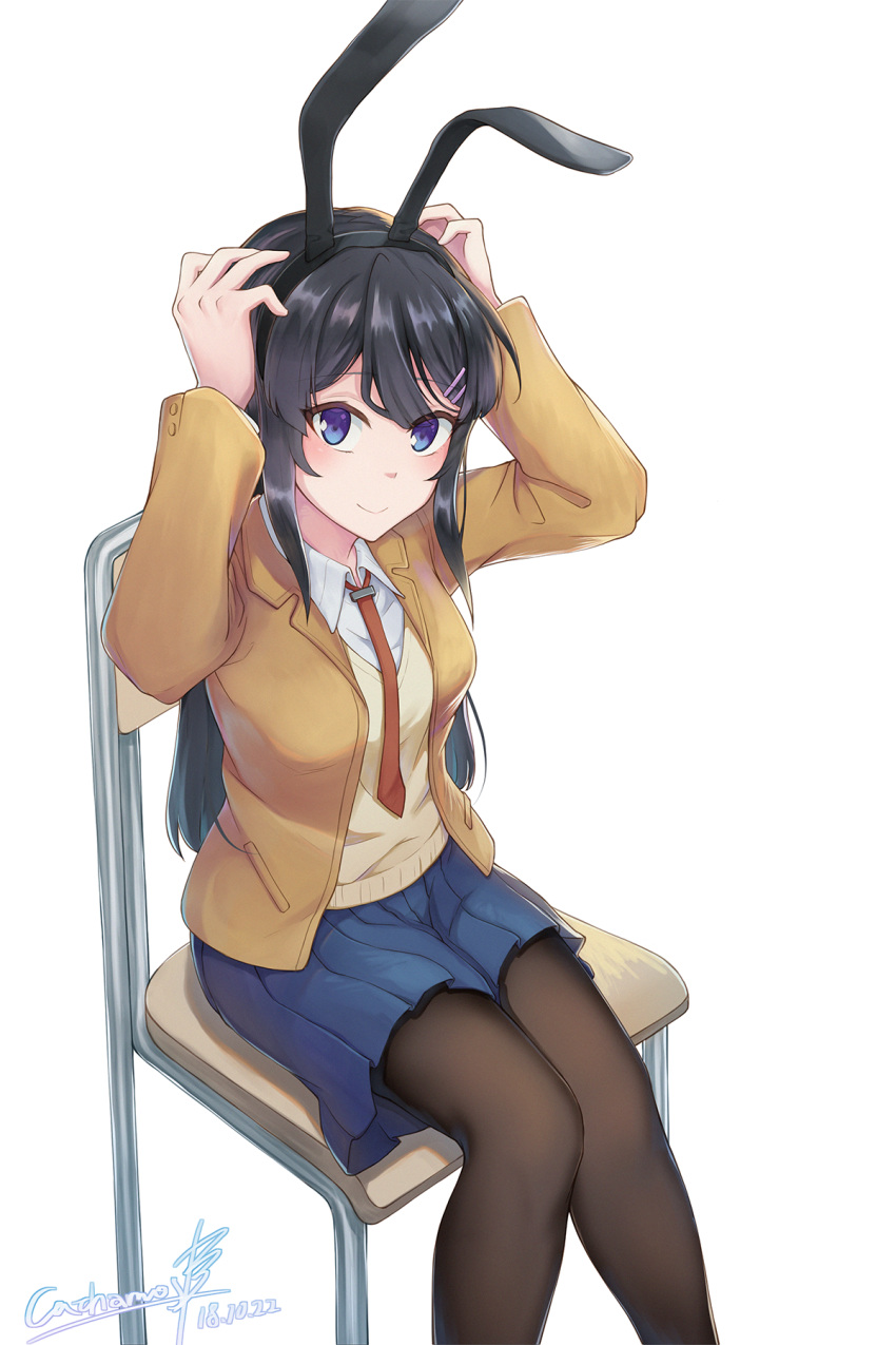 animal_ears arms_up bangs black_hair black_legwear blue_eyes blue_skirt blush brown_jacket bunny_ears cathamos chair collared_shirt dated eyebrows_visible_through_hair fake_animal_ears from_above from_side hair_ornament hairclip highres jacket long_hair long_sleeves looking_at_viewer looking_to_the_side looking_up necktie pantyhose pleated_skirt red_neckwear sakurajima_mai school_chair school_uniform seishun_buta_yarou shirt signature sitting skirt solo sweater_vest white_shirt wing_collar