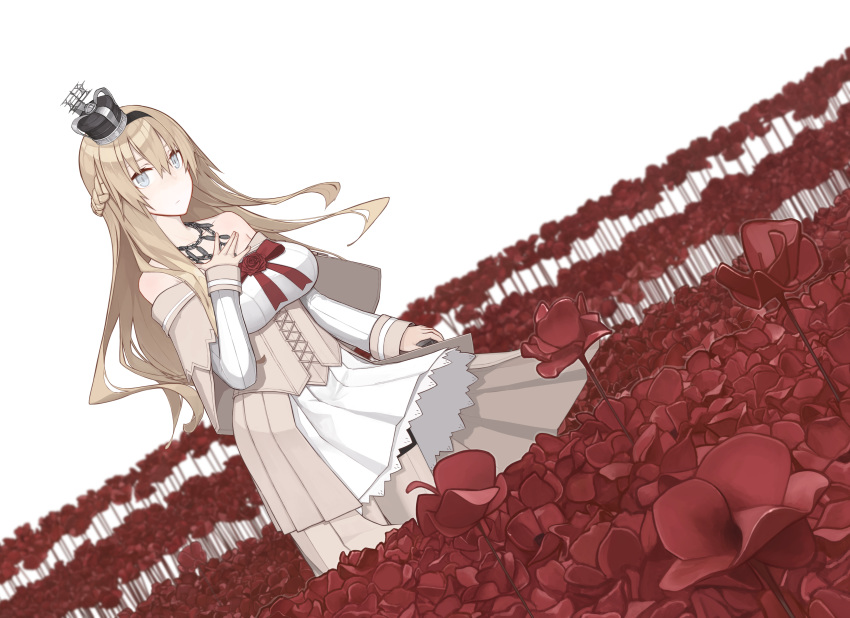 absurdres blonde_hair blue_eyes braid closed_mouth commentary_request corset crown dress dutch_angle field flower flower_field french_braid garter_straps hair_between_eyes highres kantai_collection long_hair long_sleeves mikoto_(oi_plus) mini_crown off-shoulder_dress off_shoulder poppy_(flower) red_flower red_ribbon red_rose ribbon rose solo thighhighs warspite_(kantai_collection) white_background white_dress white_legwear