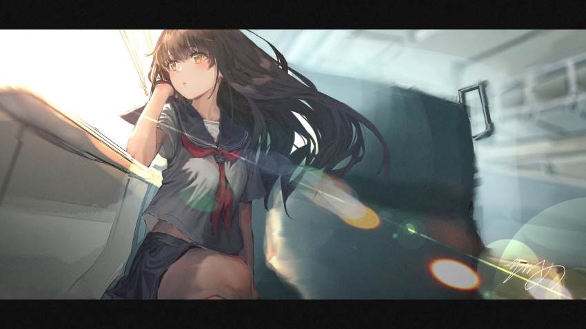 bangs black_border blue_sailor_collar blush border brown_eyes brown_hair crossed_legs hair_between_eyes hand_on_own_shoulder highres indoors lens_flare long_hair looking_out_window neckerchief original pleated_skirt ribbon rolua sailor_collar school_uniform serafuku shirt short_sleeves signature sitting skirt window