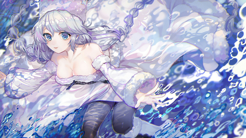 azur_lane blue_eyes boots braid commentary_request detached_sleeves dress highres pantyhose silver_hair standing standing_on_liquid wallpaper water white wu_se_bu_hui_(940164887)